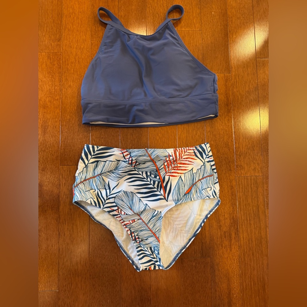 SHEIN Blue and Multicolor Leaf Print Bikini Set